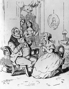 M. Joseph Sedley piégé par Becky Sharp, illustration pour le 1er chapitre de Vanity Fair, roman de William Makepeace Thackeray (1811-1863), gravure d