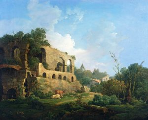 Paysage italianisant avec une maison près de ruines classiques
