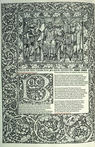 Scène de « Troilus et Criseyde », initiale historiée « B », manuscrit avec bordure pleine page, 1896 - William Morris