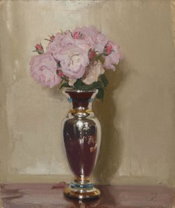 Roses roses dans un vase en lustre argenté - William Nicholson