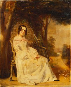 Portrait de Mary Freer assise en longueur sur un siège de jardin - William Powell Frith