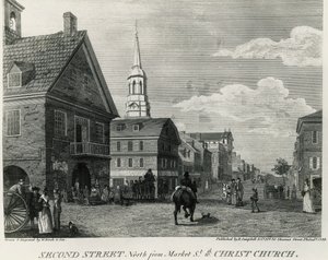 Deuxième rue nord depuis Market Street et Christ Church, Philadelphie, dessin de William Russell Birch (1755-1834), imprimé par R Campbell, États-Unis d