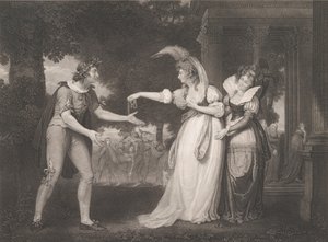 Devant le palais du duc - Rosalind, Celia, Orlando, le duc..., publié pour la première fois en 1800, réédité en 1852 - William Satchwell Leney