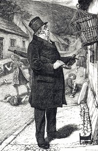Dessin humoristique représentant un homme en haut-de-forme outré par un étourneau domestique perturbant le sabbat en faisant rire et crier les enfants avec son langage