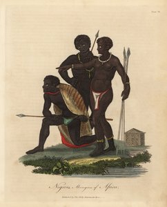 Natifs sud-africains avec des lances, manteau en peau d