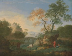 Paysage avec des ruines classiques lointaines, un pont, des personnages et du bétail