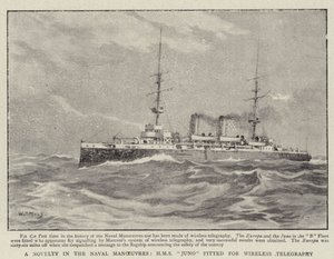 Une nouveauté dans les manœuvres navales, H M S Juno équipée pour la télégraphie sans fil - William T. Maud