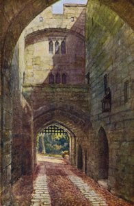 Château de Warwick : Maison de la porte et herse (lithographie en couleur) - William W. Quatremain