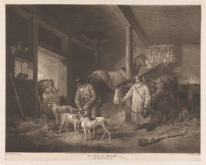 Chasseurs préparant leurs animaux dans l