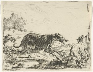 Renard et trois chiens