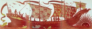 Trois carreaux représentant un navire naviguant au coucher du soleil - William de Morgan