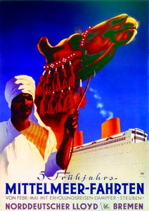 5 croisières méditerranéennes de printemps, affiche publicitaire pour la Bremen North German Lloyd Line - Willy Hanke
