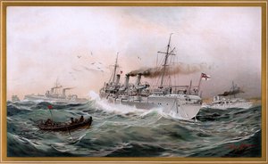 Kaiserliche Marine Greif, Meteor et Jagd espionnent près de Brüsterort, Chromo-Lithographie de Willy Stöwer 1894, nr9 de G. Wislicenus, Unsre Kriegsflotte - Willy Stöwer