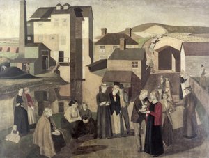 Scène dans une rue de village avec des ouvriers de moulin conversant - Winifred Knights