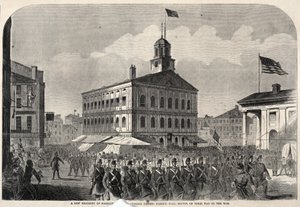 Un nouveau régiment de volontaires du Massachusetts passe devant Faneuil Hall, à Boston, sur le chemin de la guerre. - Winslow Homer