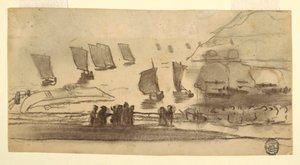 Dessin, scène de plage avec des gens et des bateaux de pêche, Cullercoats, Angleterre, 1881-82