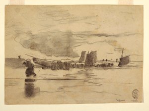 Dessin, plage à marée basse, Cullercoats, Angleterre, 1881