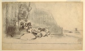 Dessin, Enfants jouant au bord de la mer, Cullercoats, Angleterre, 1881-82