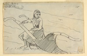 Dessin, jeune fille assise sur une charrue, 1879