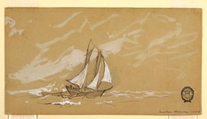 Dessin, goélette avec trois doris, 1880