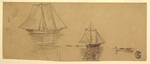 Dessin, deux goélettes et des doris, vers 1880