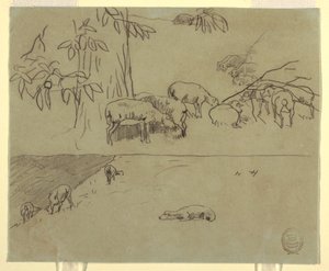Dessin, deux vues de moutons paissant dans un champ, probablement 1875-78