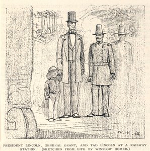 Le président Lincoln, le général Grant et Tad Lincoln dans une gare, extrait du Century Magazine, novembre 1887 - Winslow Homer