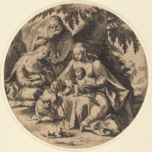 La Sainte Famille avec Sainte Élisabeth et Saint Jean-Baptiste - Workshop of Jacob Matham, after Hendrik Goltzius