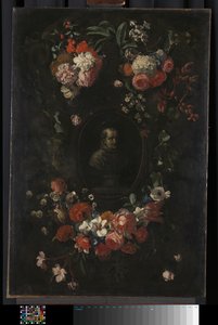 Buste sculpté feint du bienheureux Hieronymus Werdanus dans une cartouche de pierre feinte, décoré d