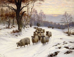 Un berger et son troupeau sur un chemin en hiver