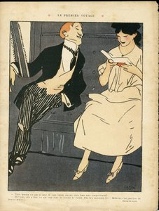 Illustration de Xavier Gose (1876-1915) dans Le Lire, 27/08/10 - Le premier voyage - Train ferroviaire, mode masculine, adultère
