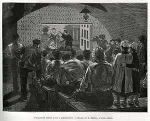 Cave à Polichinelles, une cave conçue pour des spectacles de marionnettes. Gravure par X. Mellery, pour illustrer l