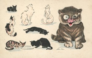 Gros chat, portant un monocle, aux côtés de divers autres chats moins favorisés - Xavier Sager