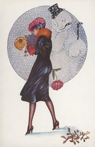 Carte de Nouvel An avec une fille et un bonhomme de neige