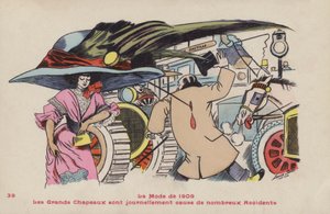 Carte postale satirique sur les dangers des grands chapeaux et des épingles à chapeau - la mode de 1909 - Xavier Sager