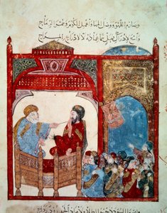 Le navigateur errant Abu-Zayd. Miniature des "Maqamat" (Séances) d