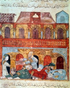 Le navigateur vagabond Abu-Zayd et les marchands endormis. Miniature des Maqamat (Séances) d