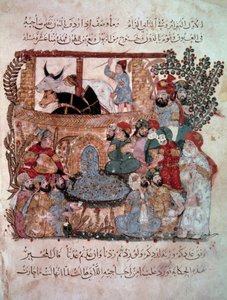 Le navigateur errant Abu-Zayd devant ses auditeurs. Miniature des « Maqamat » (Séances) par Abu Mohammed al-Kasim ibn Ali Hariri (1054-1122) enluminée par Yahya Mahmud al-Wasiti en 1237 - Yahya ibn Mahmud Al Wasiti