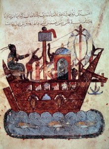 Le bourgeois al-Harith, fils de Hammam, et le navigateur errant Abu-Zayd sur un bateau miniature des "Maqamat" (Séances) d