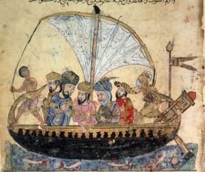 Le bourgeois al-Harith, fils de Hammam, et le navigateur errant Abu-Zayd sur un bateau naviguant sur l