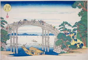 Le pont de pierre sur la rivière Aji près de la colline Nii, Osaka, de la série "Lieux célèbres d