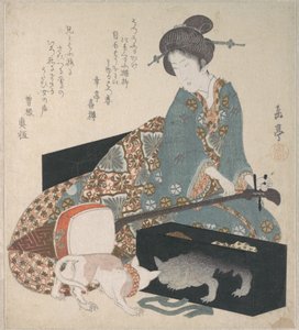 Femme accordant un shamisen et chat regardant son propre reflet - Yashima Gakutei