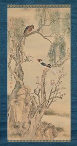 Oiseaux dans les saules et pêcher en fleurs - Yosa Buson