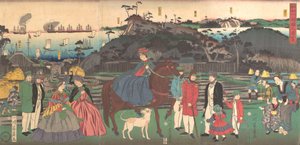 Étrangers visitant le célèbre site du mont Gongen à Kanagawa, 2ème mois, 1861 - Yoshikazu