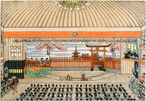 Théâtre traditionnel japonais : la scène du Kaboukiza, le principal théâtre de Tokyo, avec sa plateforme tournante