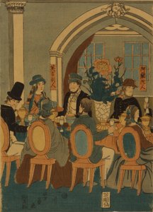 Banquet de cinq nations au club de Yokohama, 1861 - Yoshitomi Utagawa