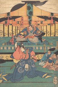 Acteurs de kabuki jouant Oashibara Ueno no kami Masahira, Tokiwa Mikuriya Betto T..., milieu du 19ème siècle
