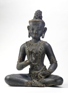Bodhisattva de style népalais-chinois (laque, tissu, traces de peinture bleue, dorée et verte et feuille d