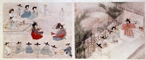 Art coréen : scène de combat de femmes, scène de la vie quotidienne. Impressions de Sin Yun Bok (ou Hyewon fait en 1758). XVIIIe ou XIXe siècle. Collection Hyung Pil Chun