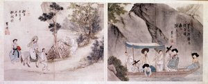 Art coréen : scène de marche et de bateau. Estampes de Sin Yun Bok (ou Hyewon) (né en 1758). 18ème siècle.